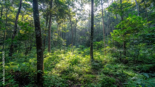 Sunlight streams through the dense canopy of a lush green forest, illuminating the forest floor.