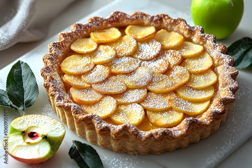 Delicious homemade apple tart with flaky crust and sugar dusting photo