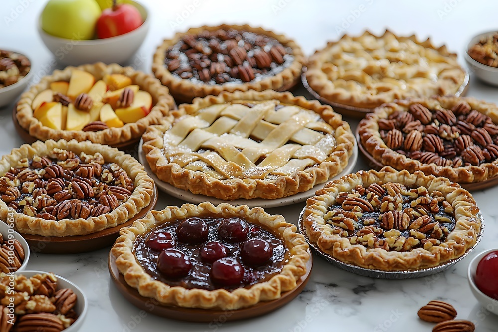 Assorted homemade pies with pecans and fruits on marble countertop Assorted homemade pies with pecans and fruits on marble countertop