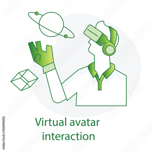 Vector icon for Virtual Avatar Interaction. Displays two avatars interacting in a digital space, representing social connections in the metaverse.