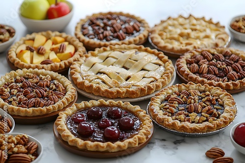 Assorted homemade pies with pecans and fruits on marble countertop