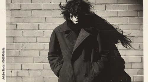 A young man with dark hair stands against a brick wall, his face hidden by his hair.