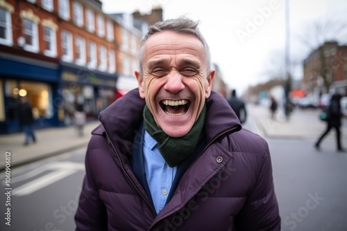 Portrait of a senior man laughing in the street in London.