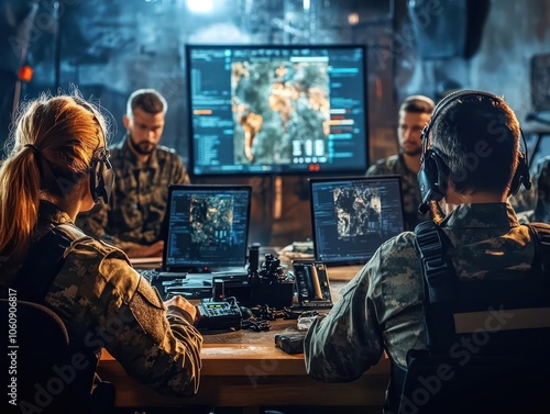 A team of soldiers in camouflage uniforms are working on computers in a dimly lit room, focused on screens showing maps and data. photo