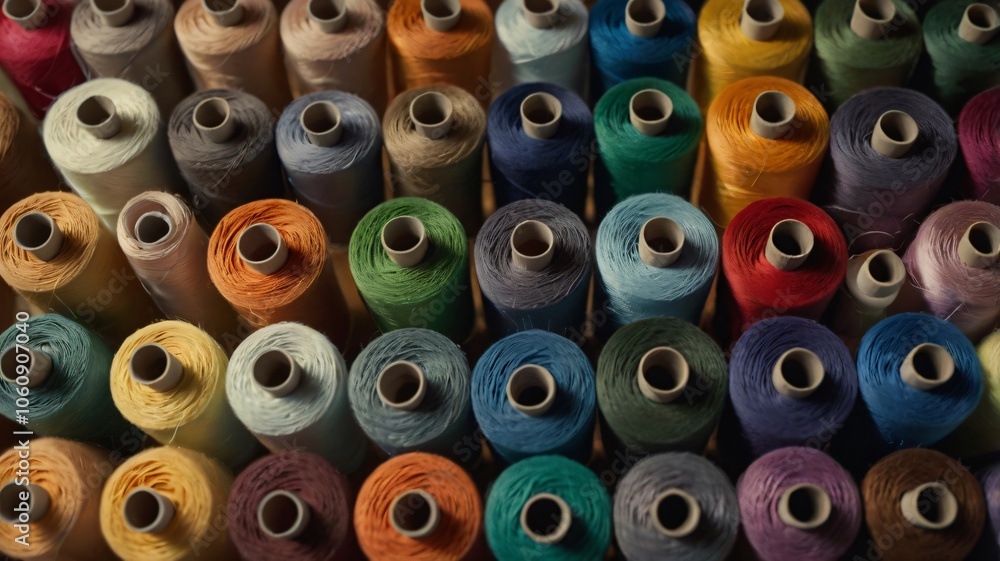 Colorful collection of sewing threads neatly arranged in a craft store during the afternoon Colorful collection of sewing threads neatly arranged in a craft store during the afternoon