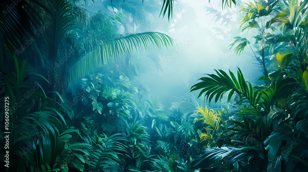 Lush green jungle foliage with misty background and deep blue tones. Deep Jungle. Illustration Lush green jungle foliage with misty background and deep blue tones. Deep Jungle. Illustration