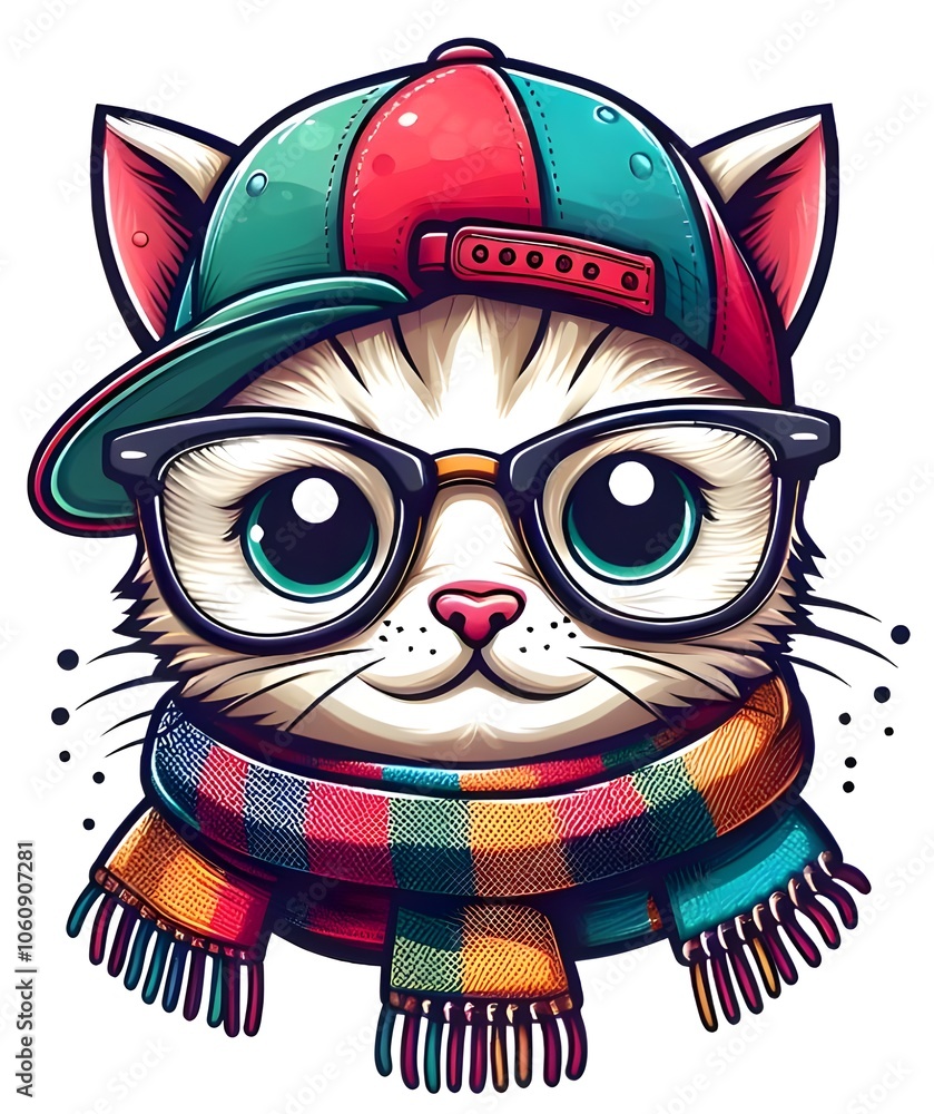Fototapeta premium cute cartoon cat wearing sunglasses and a cap