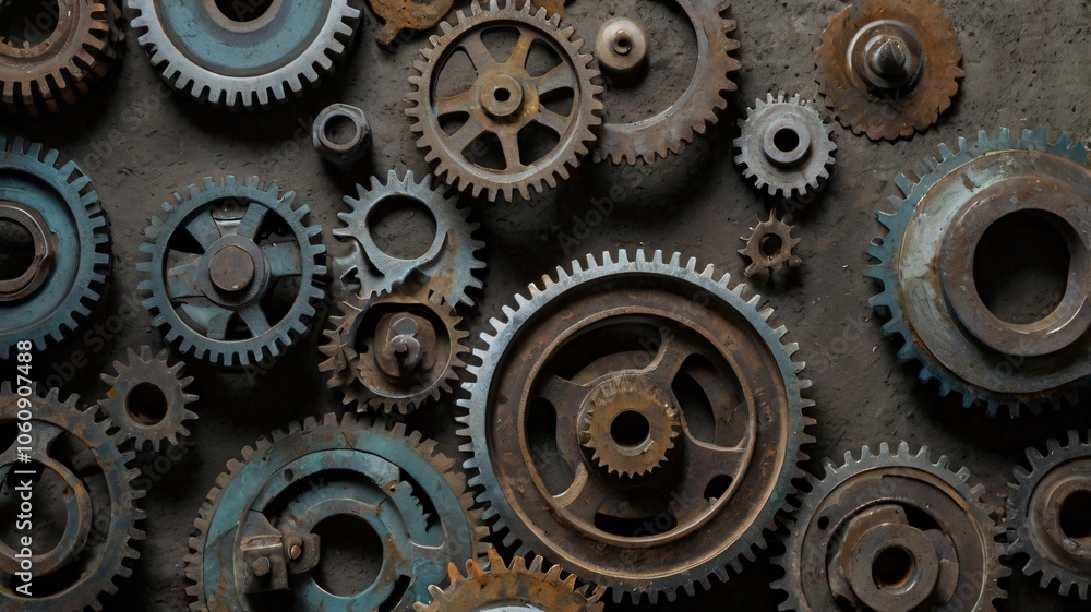 A collection of various gears and cogs arranged artistically on a textured surface in a dimly lit environment showcasing mechanical design A collection of various gears and cogs arranged artistically on a textured surface in a dimly lit environment showcasing mechanical design