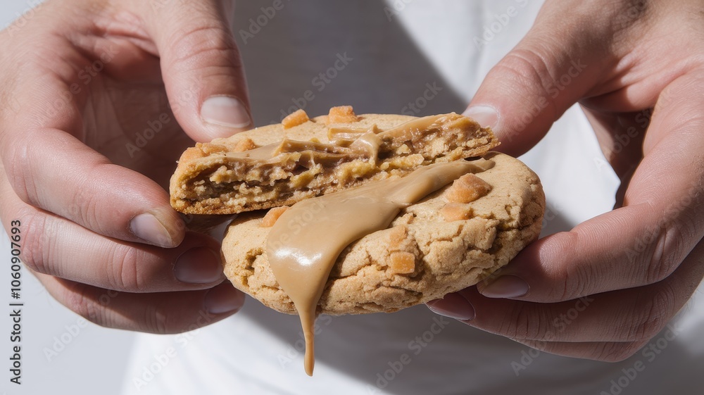 Close-Up of Hands Holding a Split Cookie, Showing Texture Close-Up of Hands Holding a Split Cookie, Showing Texture