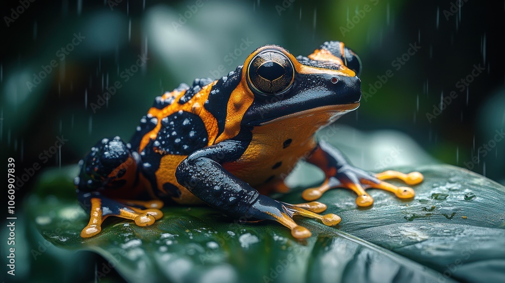 A vibrant yellow and black poison dart frog sits on a green leaf in a rainforest, with rain drops falling around it. A vibrant yellow and black poison dart frog sits on a green leaf in a rainforest, with rain drops falling around it.