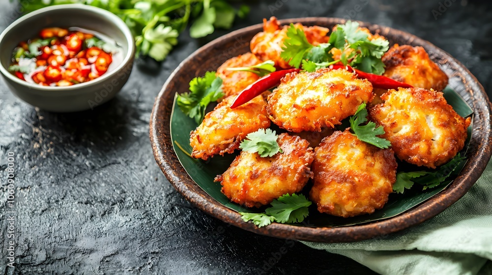 Fried Fish Cakes with Chili and Cilantro Garnish (Cambodian Cuisine) Fried Fish Cakes with Chili and Cilantro Garnish (Cambodian Cuisine)