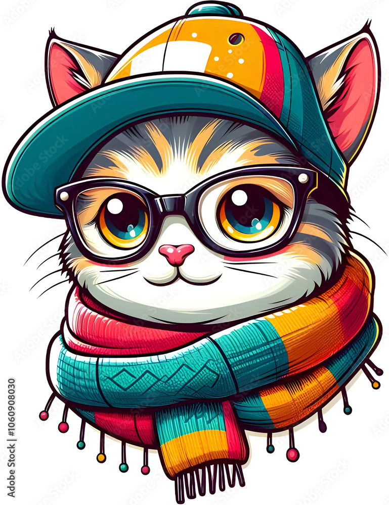 Fototapeta premium cute cartoon cat wearing sunglasses and a cap
