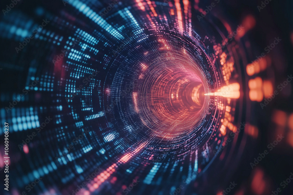 Fototapeta premium Abstract view inside a futuristic digital tunnel with glowing light trails, symbolizing data flow, technology, and high-speed connectivity.
