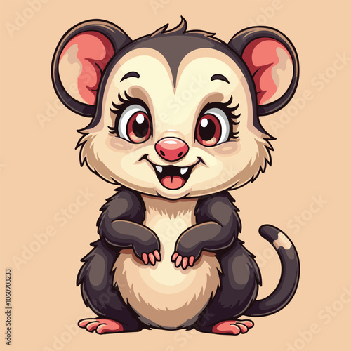 Whimsical Cartoon Possum with Big Eyes and a Cheerful Expression – Kawaii Style Digital Illustration with a Trash Can and Banana Peel