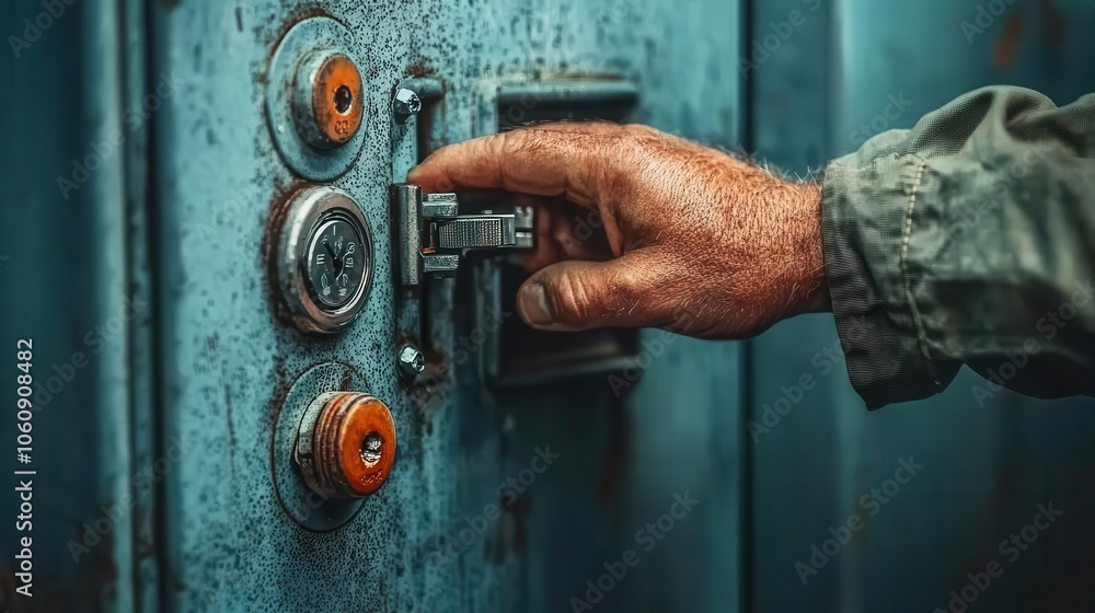 Close-up of a hand unlocking a rusty metal door with a key. The door is worn and weathered, suggesting age and use. Close-up of a hand unlocking a rusty metal door with a key. The door is worn and weathered, suggesting age and use.