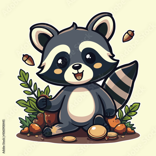 Adorable Cartoon Raccoon in Forest Setting with Autumn Leaves, Acorns, and Mushrooms Vector Illustration photo