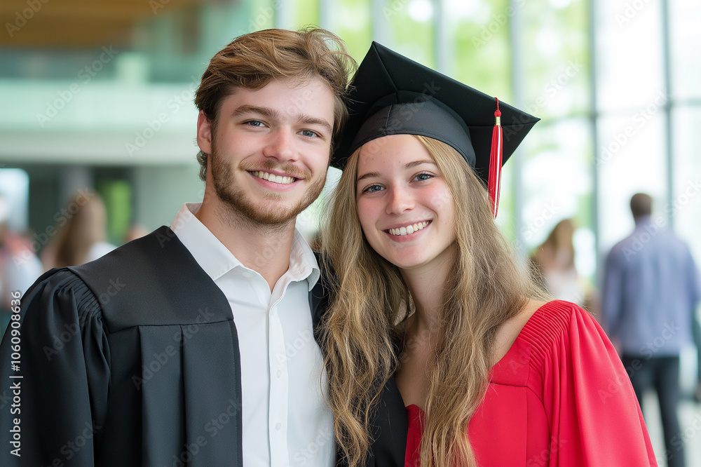Fototapeta premium Happy young couple in graduation gowns posing with smiles in a bright indoor setting. A proud moment symbolizing achievement, academic success, and new beginnings.