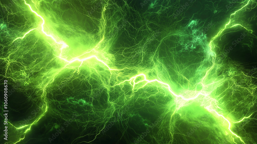 Obraz premium Electric green lightning bolts crackling across a dark background, symbolizing energy and power with a dramatic, electrifying effect.