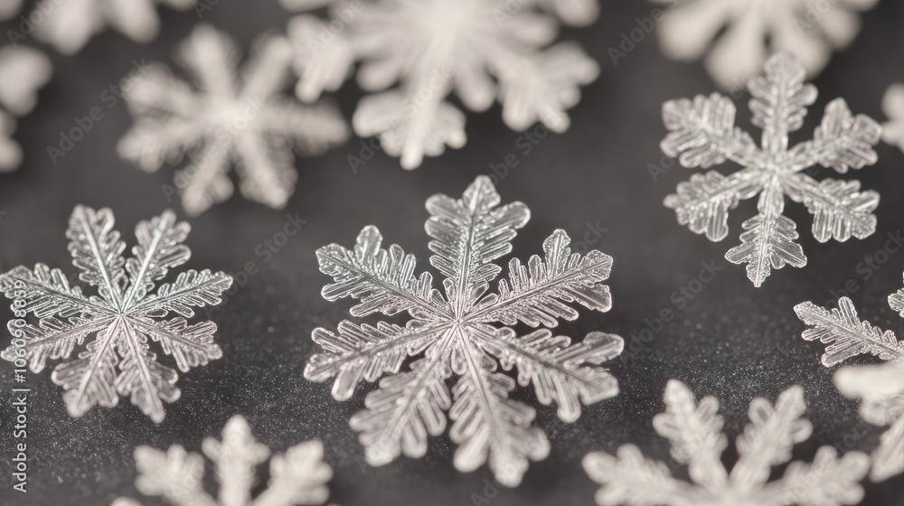 A close-up of delicate snowflakes resting on a surface, showcasing intricate patterns against a cool gray background, emphasizing winter's beauty. A close-up of delicate snowflakes resting on a surface, showcasing intricate patterns against a cool gray background, emphasizing winter's beauty.