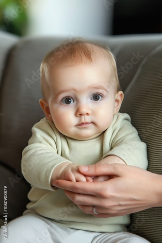 A baby is sitting on a couch with a woman holding it. The baby is wearing a green shirt and has a red spot on its head. Concept of warmth and comfort