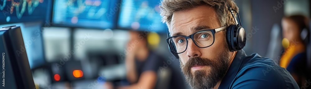 Focused businessman in a control room, wearing headset and glasses, looking intently at a screen. Focused businessman in a control room, wearing headset and glasses, looking intently at a screen.