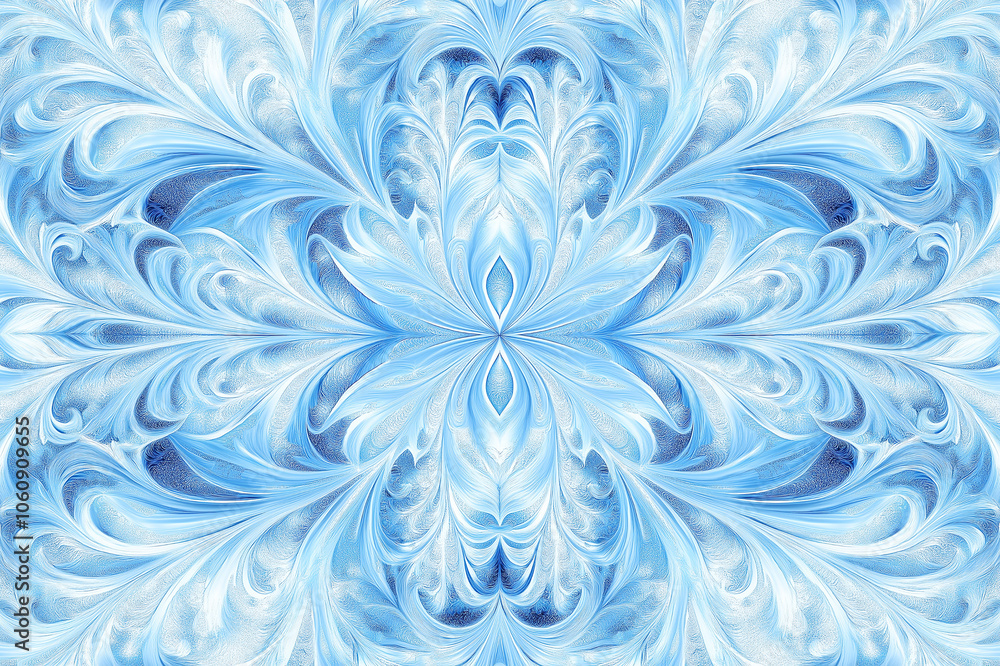 Abstract blue and white marbled pattern with intricate swirls creating a symmetrical artistic design. This image resembles frozen or icy textures and invokes a sense of winter. Abstract blue and white marbled pattern with intricate swirls creating a symmetrical artistic design. This image resembles frozen or icy textures and invokes a sense of winter.