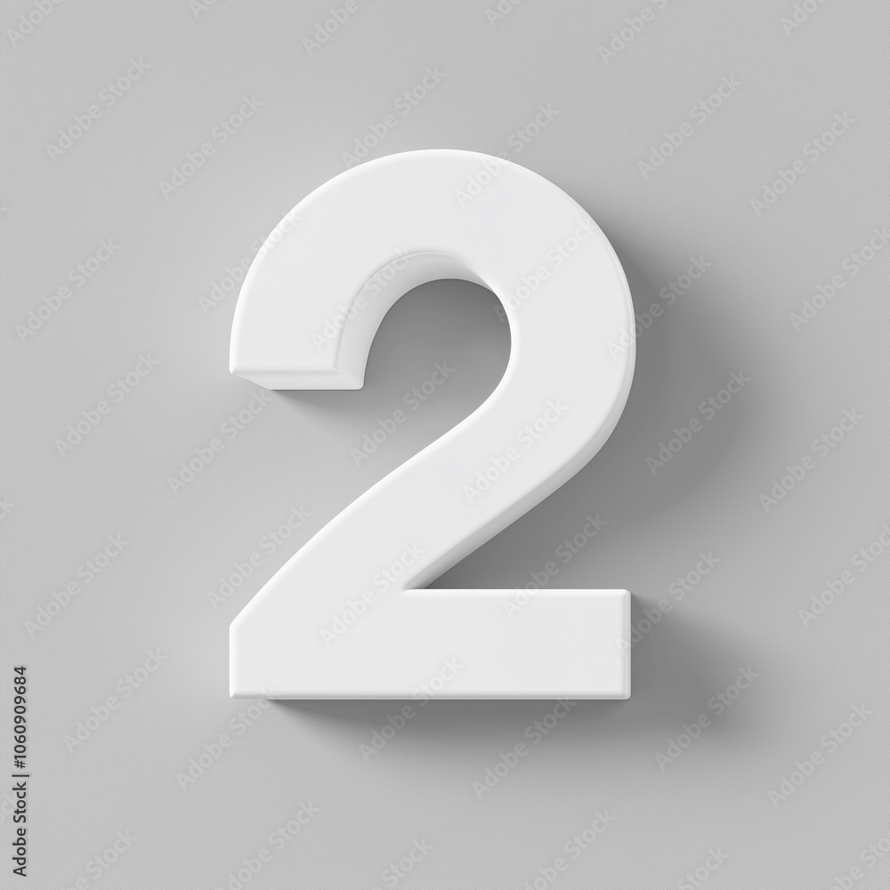 3D number two sculpture in a minimalist design against a light gray background. The composition is perfect for presentations and educational materials. 3D number two sculpture in a minimalist design against a light gray background. The composition is perfect for presentations and educational materials.