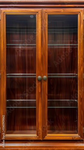 Professional Photo of Empty Wooden Cabinet with Glass Doors and Shelves