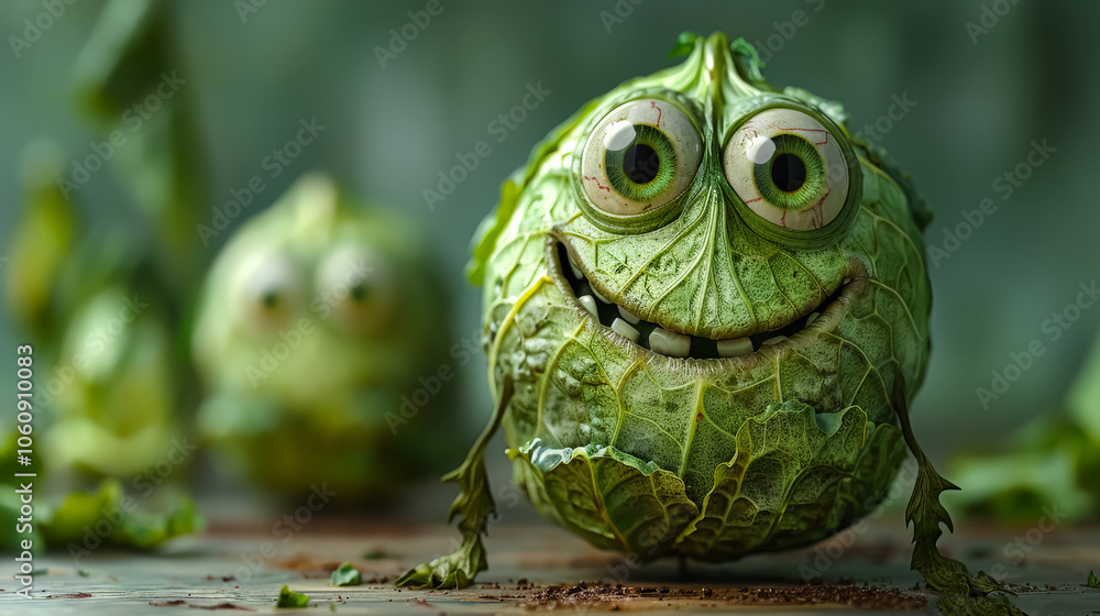 Green cabbage with a smile on its face. The cabbage is smiling and has its mouth open Green cabbage with a smile on its face. The cabbage is smiling and has its mouth open