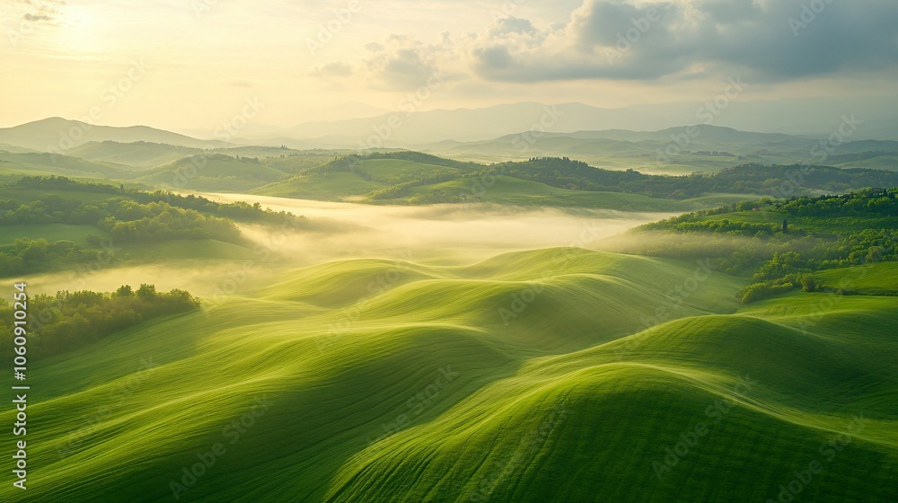 Rolling Green Hills Bathed in Morning Mist Rolling Green Hills Bathed in Morning Mist