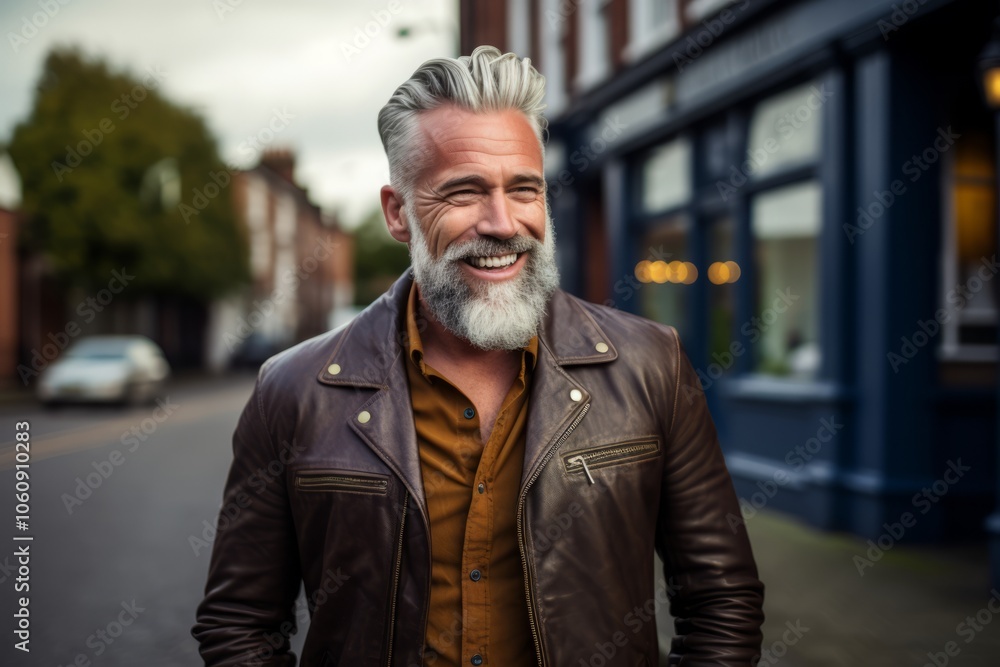 Portrait of a handsome senior man with grey hair and beard wearing a leather jacket. Portrait of a handsome senior man with grey hair and beard wearing a leather jacket.
