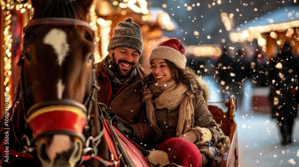 Couple Enjoying a Horse-Drawn Carriage Ride in a Snowy Winter Wonderland. Couple Enjoying a Horse-Drawn Carriage Ride in a Snowy Winter Wonderland.