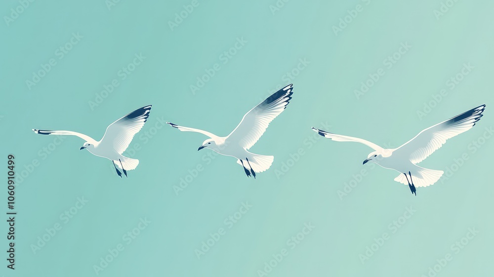 Obraz premium Three seagulls flying in formation against a blue sky.