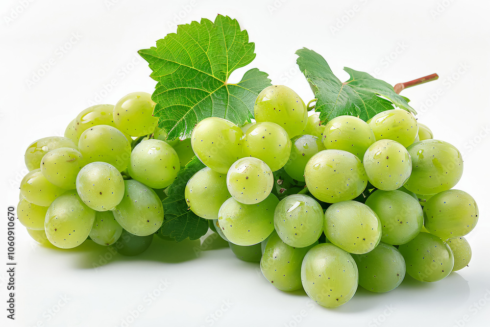 Bunch of green grapes with a leaf on top. The grapes are small and round, and they are all green in color Bunch of green grapes with a leaf on top. The grapes are small and round, and they are all green in color