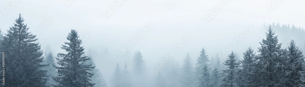 Tall Evergreen Trees Emerging from Foggy Forest Tall Evergreen Trees Emerging from Foggy Forest