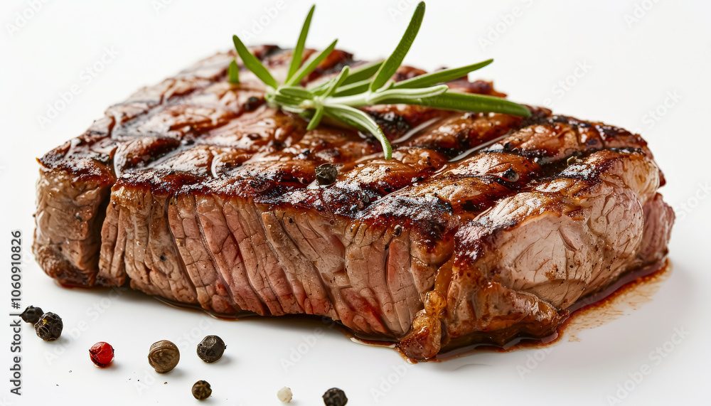 Piece of meat with a sprig of rosemary on top. The meat is cooked and has a nice sear Piece of meat with a sprig of rosemary on top. The meat is cooked and has a nice sear