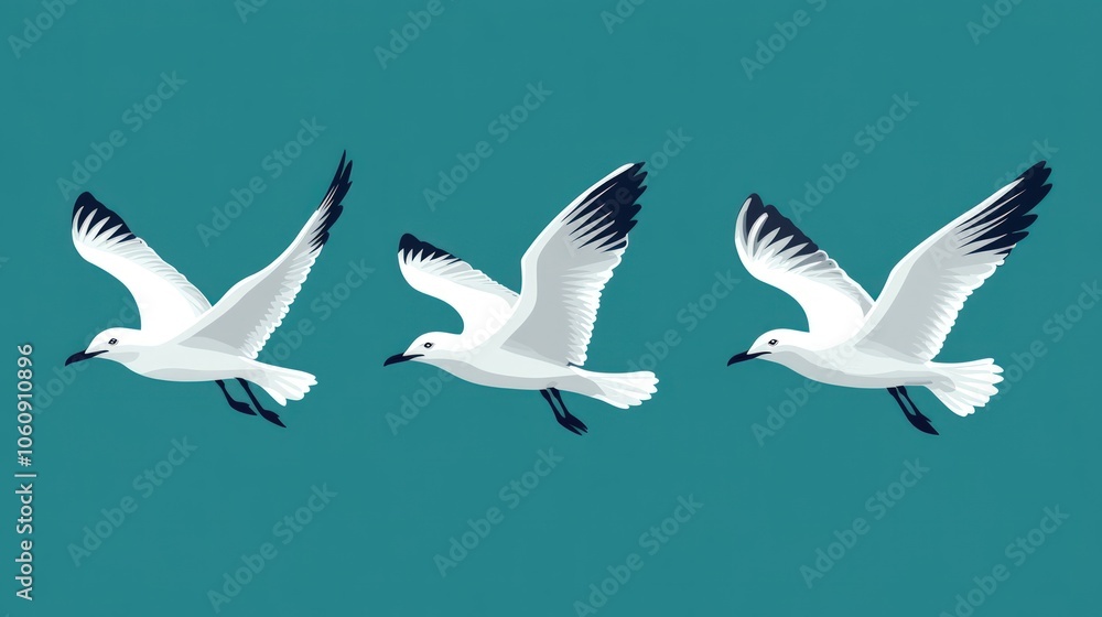 Obraz premium Three white seagulls in flight, with black wing tips, against a teal background.