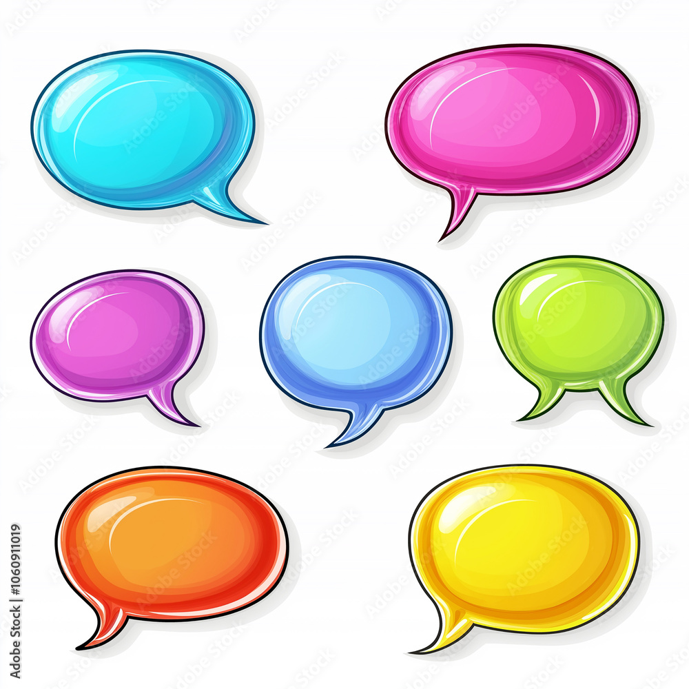 A set of colorful speech bubbles in vibrant shades of pink, blue, green, and yellow on a white background. Ideal for communication themes, discussions, or social media design. A set of colorful speech bubbles in vibrant shades of pink, blue, green, and yellow on a white background. Ideal for communication themes, discussions, or social media design.