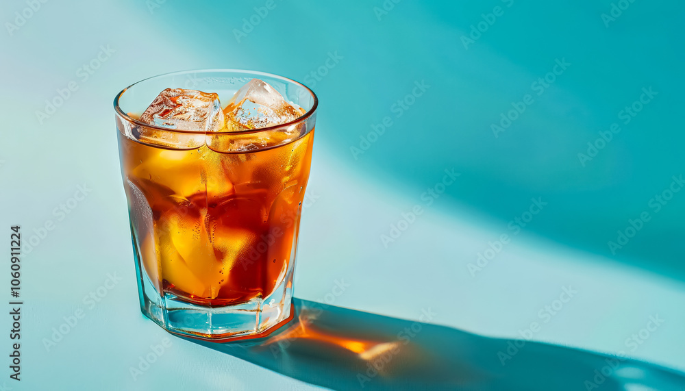 Glass of ice cold tea sits on a blue table. The ice cubes in the glass are melting, creating a refreshing drink. Concept of relaxation and enjoyment Glass of ice cold tea sits on a blue table. The ice cubes in the glass are melting, creating a refreshing drink. Concept of relaxation and enjoyment