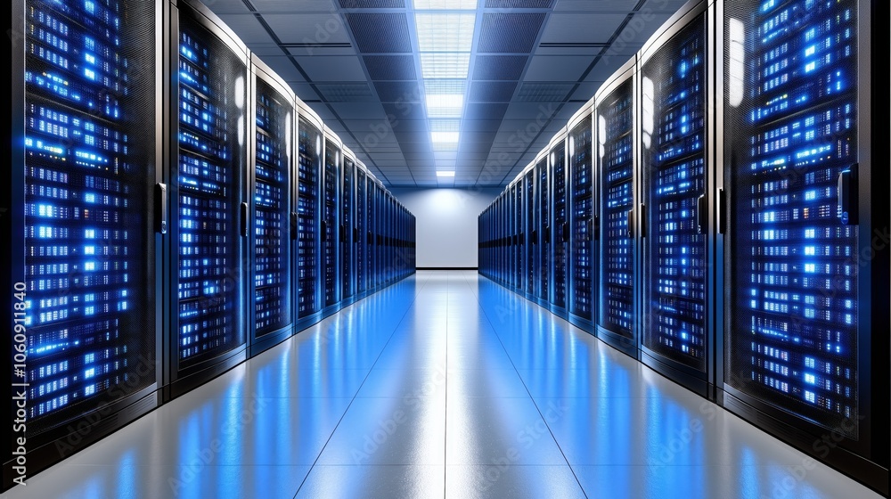 Modern Data Center Interior with Blue LED Lighting Modern Data Center Interior with Blue LED Lighting