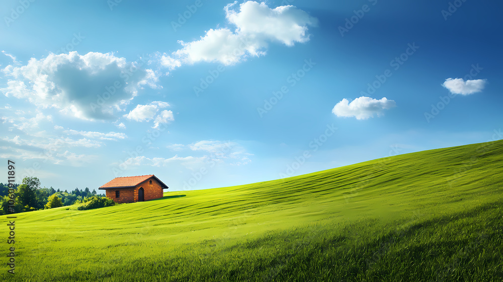 Scenic hillside with a small house under a clear blue sky and lush green grass. Lush Hillside. Illustration Scenic hillside with a small house under a clear blue sky and lush green grass. Lush Hillside. Illustration