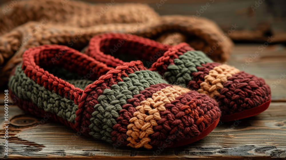 Obraz premium A pair of handcrafted crochet slippers in deep burgundy and olive green, designed with thick yarn and a comfortable sole, placed on a wooden background. 