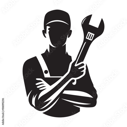 Mechanic with wrench silhouette vector black color and solid white background 