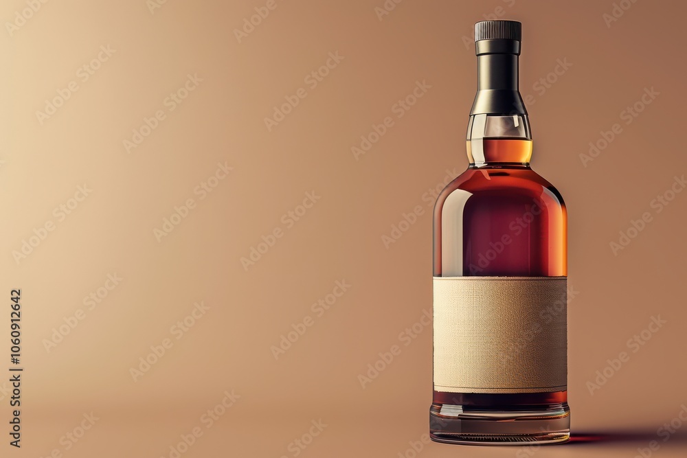 Whiskey bottle featuring a clean, minimalist label design, suitable for product branding or advertising mockups. Free copy space for text.