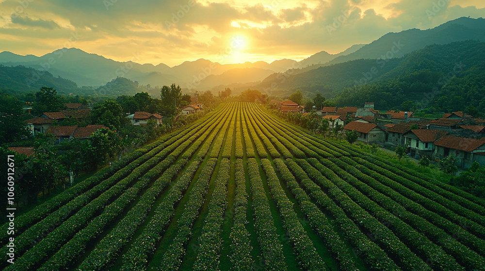 Fototapeta premium Tea Plantation Sunset Landscape with Mountain View and Village