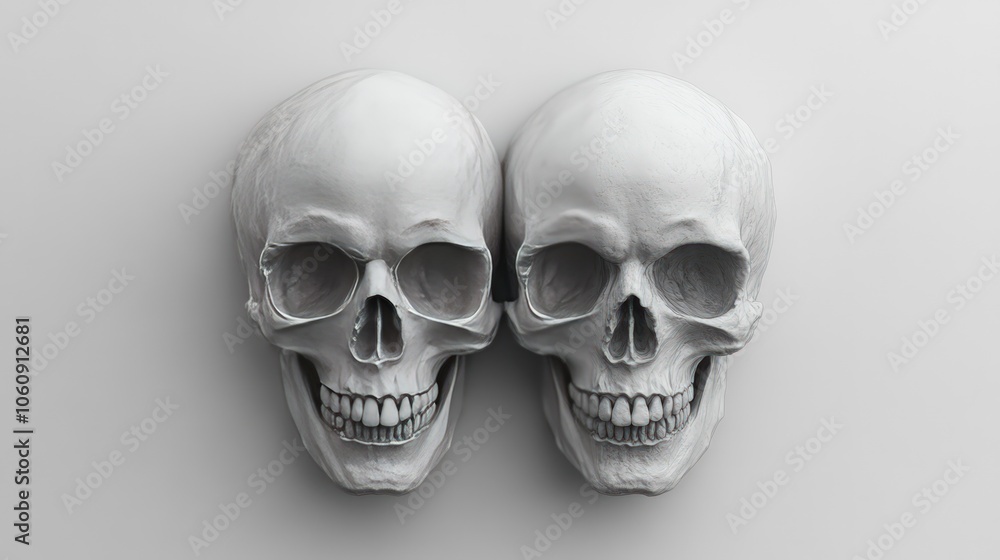 Two white human skulls facing each other against a white background. Two white human skulls facing each other against a white background.