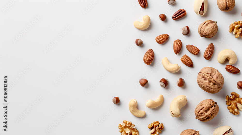 Tasty Nuts: Different tasty nuts on a white background with space for text, suitable for snack or health-related content. Tasty Nuts: Different tasty nuts on a white background with space for text, suitable for snack or health-related content.