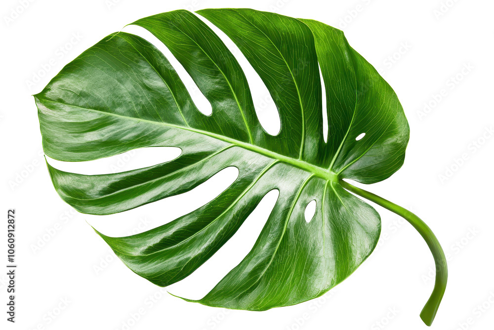 Close-up of a vibrant green monstera leaf on a transparent background. showcasing its unique holes and glossy texture, perfect for botanical designs.