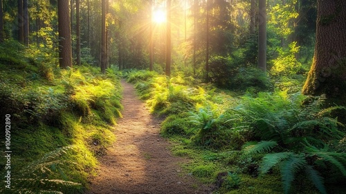 Sunbeams through the Trees on a Forest Path