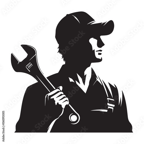 Mechanic with wrench silhouette vector black color and solid white background 